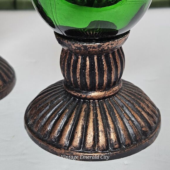 Vtg Rare Metallic Green Chunky Candlestick Candle Holder Set of 2 Festive Decor - Picture 10 of 12